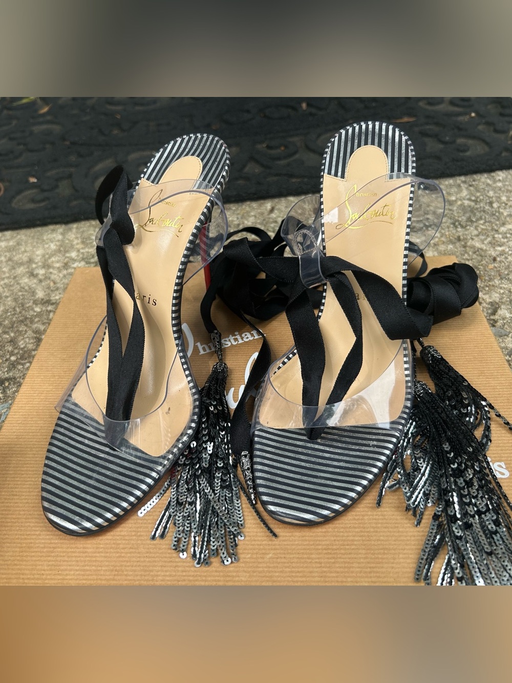 Christian Louboutin Black, Clear Striped Tassel Lace-Up Heels